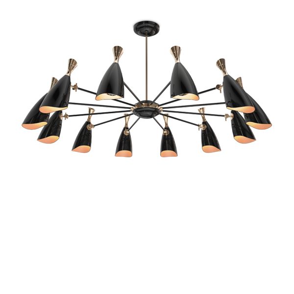 Duke is a modern pendant lighting design that boasts a heavy nostalgic 70s groove vibe. DelightFULL’s designers were able to create an iconic modern ceiling light that suits the most demanding setting. Produced in Portugal, it is handmade in brass and Aluminium. The body, made of brass, has both a matte black and a gold-plated finish, while the shades are lacquered a glossy black on the outside.