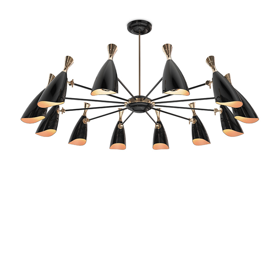 Duke is a modern pendant lighting design that boasts a heavy nostalgic 70s groove vibe. DelightFULL’s designers were able to create an iconic modern ceiling light that suits the most demanding setting. Produced in Portugal, it is handmade in brass and Aluminium. The body, made of brass, has both a matte black and a gold-plated finish, while the shades are lacquered a glossy black on the outside.