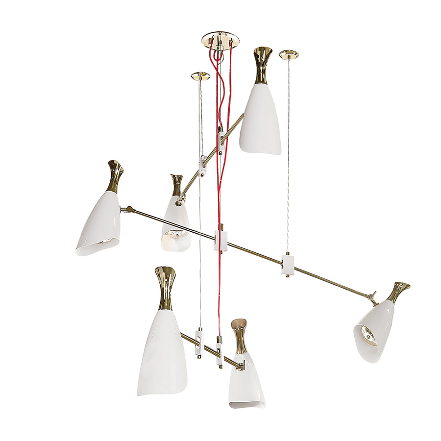 Duke is a modern pendant lighting design that boasts a heavy nostalgic 70s groove vibe. Inspired by the simplicity of the 1970s, DelightFULL’s designers were able to create an iconic modern ceiling light that suits the most demanding setting. It´s handmade in brass and Aluminium. The body, made of brass, has both a matte black and a gold-plated finish, while the shades are lacquered a glossy black on the outside.