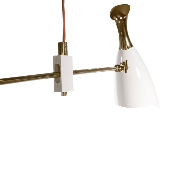 Duke is a modern pendant lighting design that boasts a heavy nostalgic 70s groove vibe. Inspired by the simplicity of the 1970s, DelightFULL’s designers were able to create an iconic modern ceiling light that suits the most demanding setting. It´s handmade in brass and Aluminium. The body, made of brass, has both a matte black and a gold-plated finish, while the shades are lacquered a glossy black on the outside.