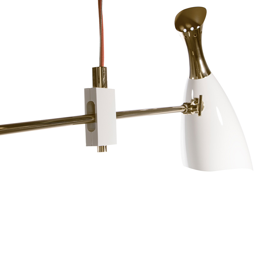 Duke is a modern pendant lighting design that boasts a heavy nostalgic 70s groove vibe. Inspired by the simplicity of the 1970s, DelightFULL’s designers were able to create an iconic modern ceiling light that suits the most demanding setting. It´s handmade in brass and Aluminium. The body, made of brass, has both a matte black and a gold-plated finish, while the shades are lacquered a glossy black on the outside.