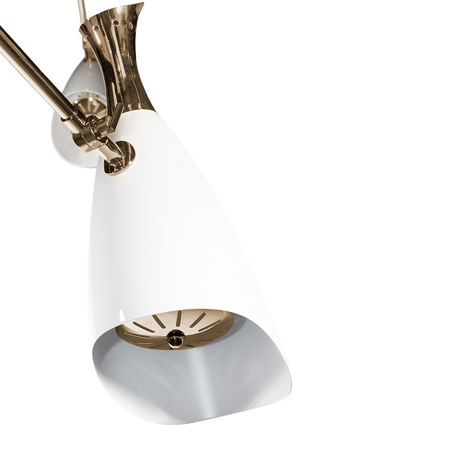 Duke is a modern pendant lighting design that boasts a heavy nostalgic 70s groove vibe. Inspired by the simplicity of the 1970s, DelightFULL’s designers were able to create an iconic modern ceiling light that suits the most demanding setting. It´s handmade in brass and Aluminium. The body, made of brass, has both a matte black and a gold-plated finish, while the shades are lacquered a glossy black on the outside.
