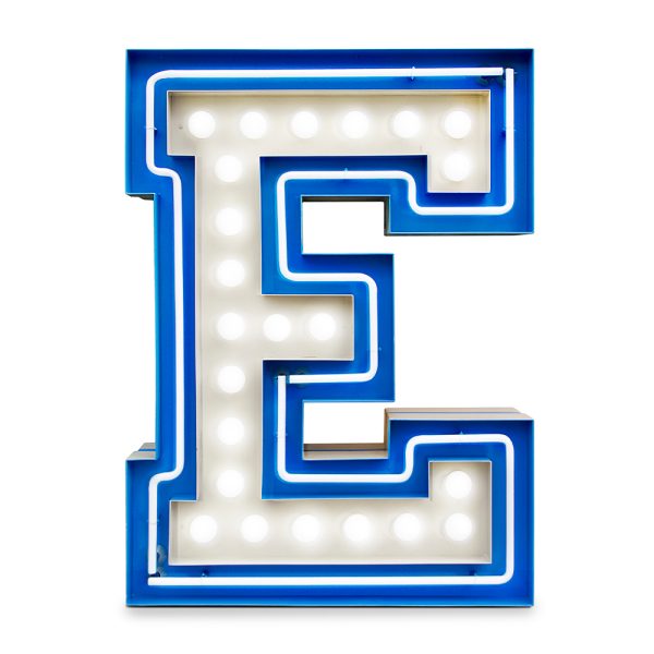 Enthusiastic the letter E calls for the dazzled feeling of a neon party. With 23 bulbs, the college styled font carries with it the blue neon outline that completes any modern home decor. Fun, exquisite and bright, the letter E will bring you all the nostalgia from the college years. With a height of 1 meter, it is ideal for clubs and display showcases.
