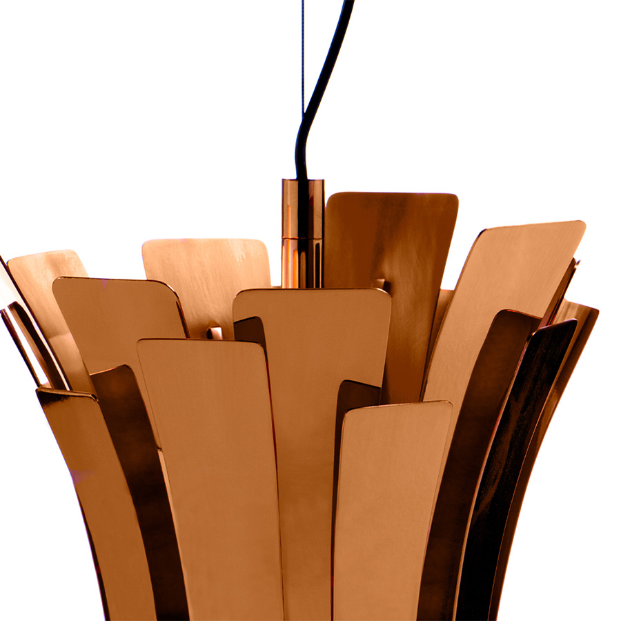 Etta pendant lamp boasts a nostalgic and feminine retro glow, courtesy of the jazz singer Etta jones, which was the inspiration for this curvy lighting fixture. Etta is a luxurious pendant light with 20 different brass leaves, which are all shaped and assembled by hand by DelightFULL’s skilled artisans. Etta’s standard copper plated finish helps to provide a soft and warm light, that is cast through its layers, giving a romantic ambiance to any setting.