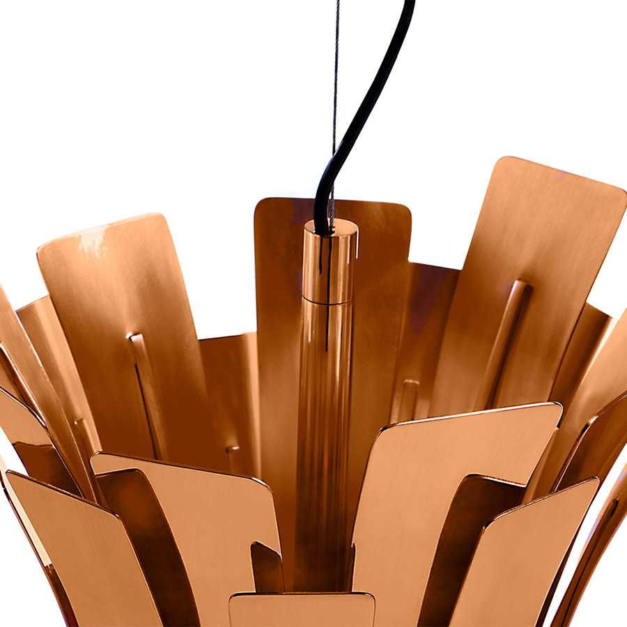 Etta pendant lamp boasts a nostalgic and feminine retro glow, courtesy of the jazz singer Etta jones, which was the inspiration for this curvy lighting fixture. Etta is a luxurious pendant light with 20 different brass leaves, which are all shaped and assembled by hand by DelightFULL’s skilled artisans. Etta’s standard copper plated finish helps to provide a soft and warm light, that is cast through its layers, giving a romantic ambiance to any setting.