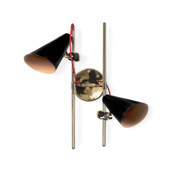 Evans is a contemporary wall light with a heavy mid-century modern influence, making it an exquisite lighting design. This modern wall sconce is designed and handmade in Portugal, ensuring a high level of craftsmanship and the best final product. Both the lamp mount and the body are handmade in brass with a gold-plated finish, while the lamp shades are made of Aluminium, with a standard matte black finish.