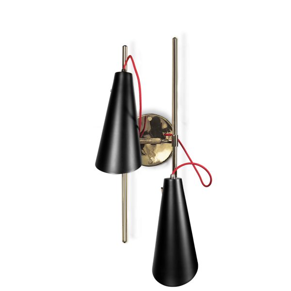Evans is a contemporary wall light with a heavy mid-century modern influence, making it an exquisite lighting design. This modern wall sconce is designed and handmade in Portugal, ensuring a high level of craftsmanship and the best final product. Both the lamp mount and the body are handmade in brass with a gold-plated finish, while the lamp shades are made of Aluminium, with a standard matte black finish.