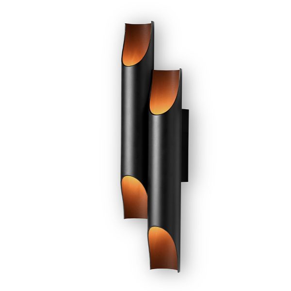 Meet Galliano, a modern wall lamp with a minimalist style that is undeniably versatile. A piece created with two original Galliano lamps adjacent to one another to create a new design that impresses. One of DelightFULL's best sellers, Galliano is made of iron with a matte black exterior and a gold powder paint interior finishing, it produces a unique lighting effect when you see light being casted thought its pipes.