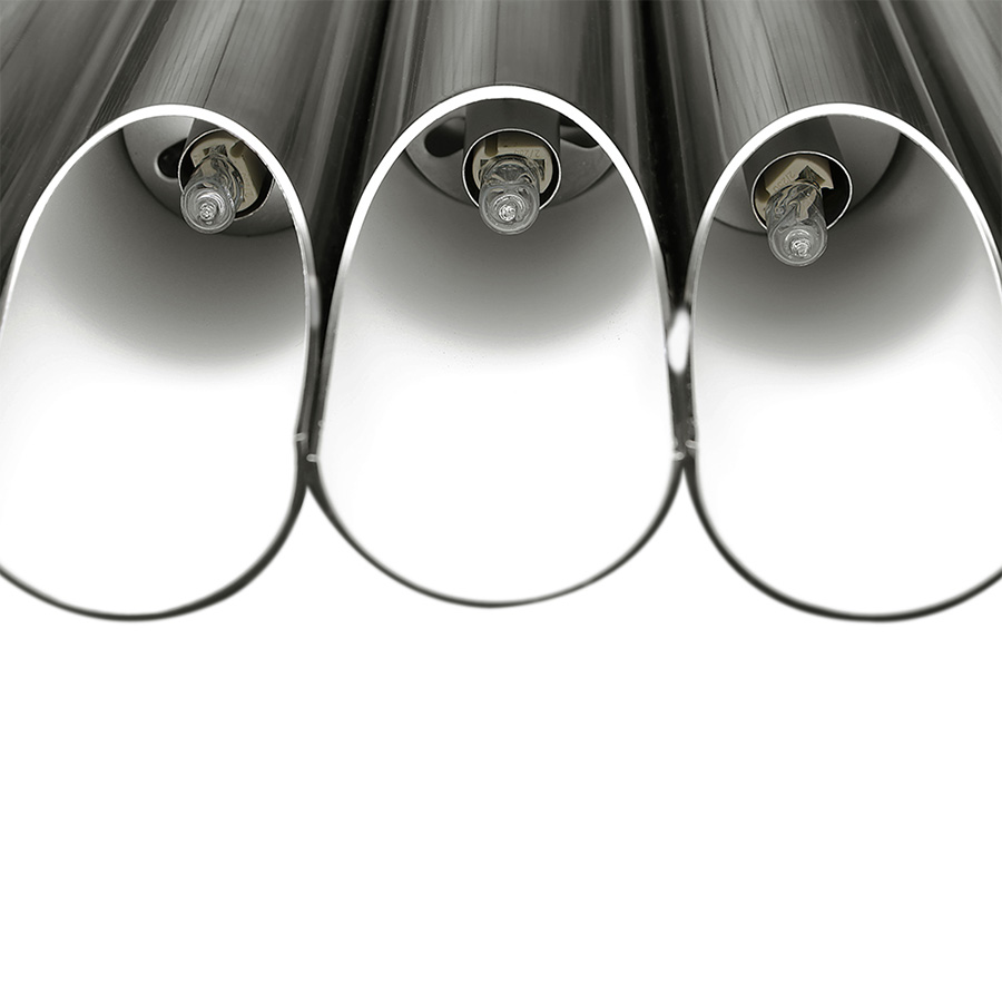 Galliano round chandelier is a mid-century modern light with a shape that was inspired by a pipe organ. This modern lighting design gets even more beautiful when you see the light being casted thought its pipes.Handmade in steel, this minimalistic suspension lamp is the perfect mix of form and function.