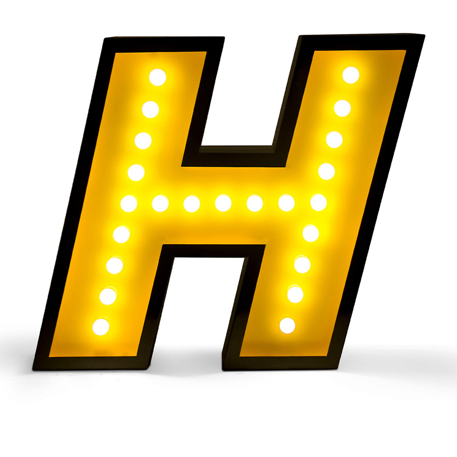 H stands for handmade and for one of the most beloved typefaces hits of this collection. Modern and energetic, this letter draws attention by its standard finishes in italic, with a yellow color and black outline. Made of shiny stainless steel and shining with 17 bulbs, this marquee letter design is available for colour customization and in a mini version! And its also able to put into your floor or your sleek wall. Made only for your interiors.