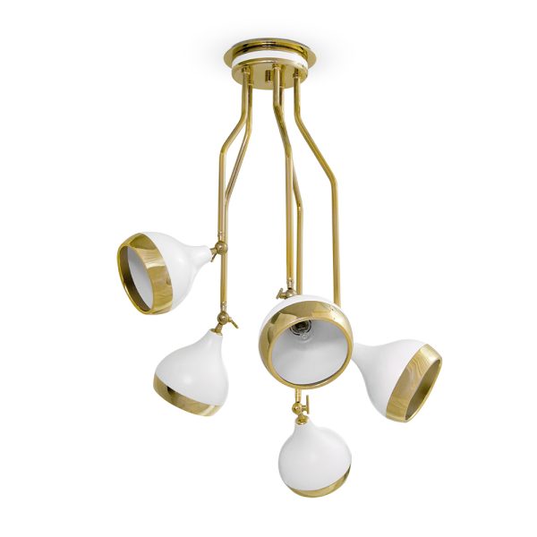 Hanna is a Vintage lighting fixture that will enhance your Home decor. Handmade in brass by talented artisans, this suspension lamp has five arms with bell-shaped shades, that can be adjusted to redirect the light. A unique functional and decorative lamp that can be used as a finishing touch in every space.