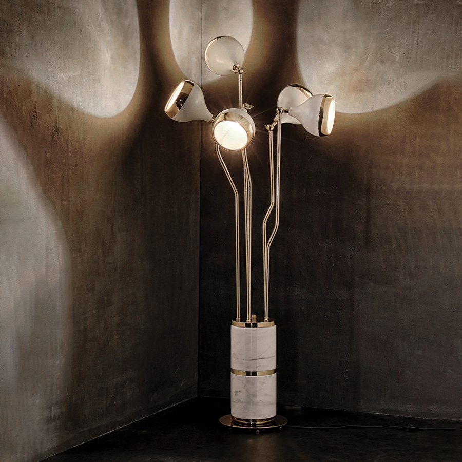 Hanna is a vintage floor lamp that will suit perfectly in your mid-century modern living room or vintage retro design hallway. With a structure made of polished marble estremoz and with multiple lamp shades made of brass and Aluminium, this floor light is a pure mid-century modern lamp full of grace and charm. Its flexible lamp shades allow you to spread the light anywhere you want it to be.