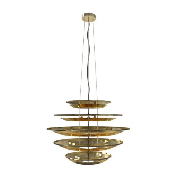 Inspired by the millions of vinyl records sold by the famous american guitarist, DelightFULL has created this elegant gold plated luminaire. Proof that high-quality craftsmanship and ancient know-how can create stunning lighting fixtures, Hendrix suspension chandelier has come to revolutionize the mid-century lighting design world.