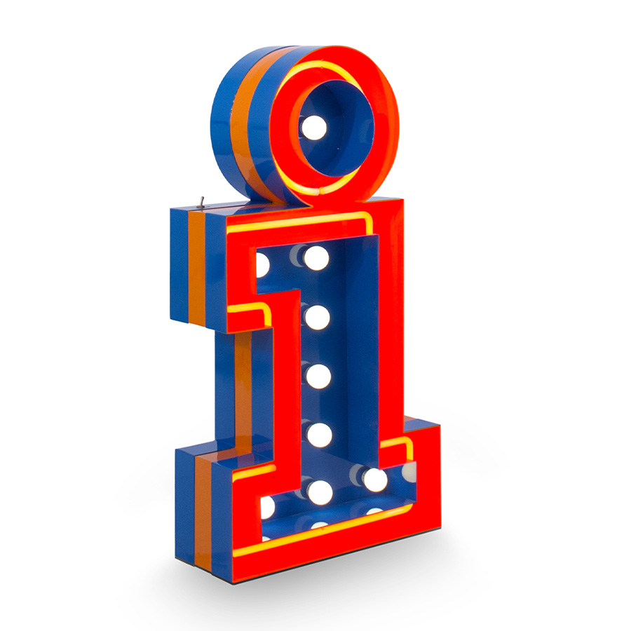 ‘I’ stands for imagination. That's why the standard finish of this modern marquee letter is in deep orange neon accents and sky blue. Complementing each other, this marquee letter is available in a mini version as well. Colour customizable, the body is in Aluminium and weights 12 kg. Grabbing the attention in any modern room decor, present your innovative style with this amazing letter.