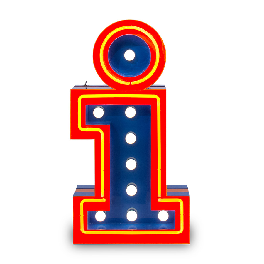 ‘I’ stands for imagination. That's why the standard finish of this modern marquee letter is in deep orange neon accents and sky blue. Complementing each other, this marquee letter is available in a mini version as well. Colour customizable, the body is in Aluminium and weights 12 kg. Grabbing the attention in any modern room decor, present your innovative style with this amazing letter.