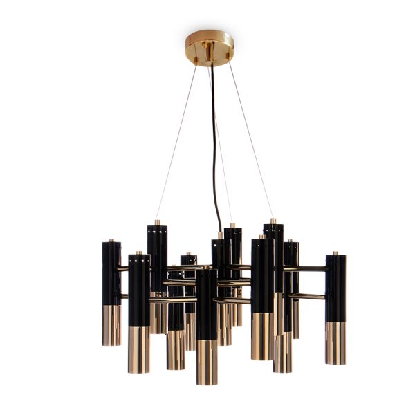 Ike suspension lamp has a distinctive but easily recognizable design, ideal for every single mid-century modern interior. With its clean lines, this dazzling lamp is handmade in brass and Aluminium, and it features a glossy black and gold plated finish, representing a high-quality craftsmanship. It is 15 inches tall, but its steel cord can be customizable.