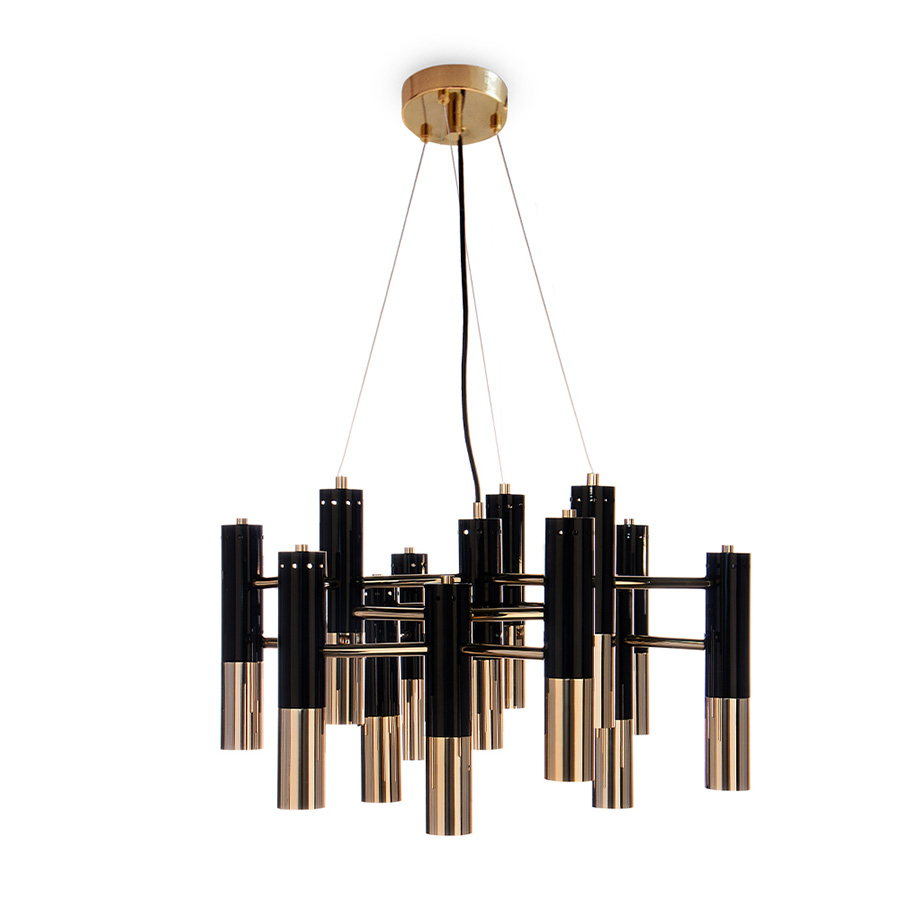 Ike suspension lamp has a distinctive but easily recognizable design, ideal for every single mid-century modern interior. With its clean lines, this dazzling lamp is handmade in brass and Aluminium, and it features a glossy black and gold plated finish, representing a high-quality craftsmanship. It is 15 inches tall, but its steel cord can be customizable.