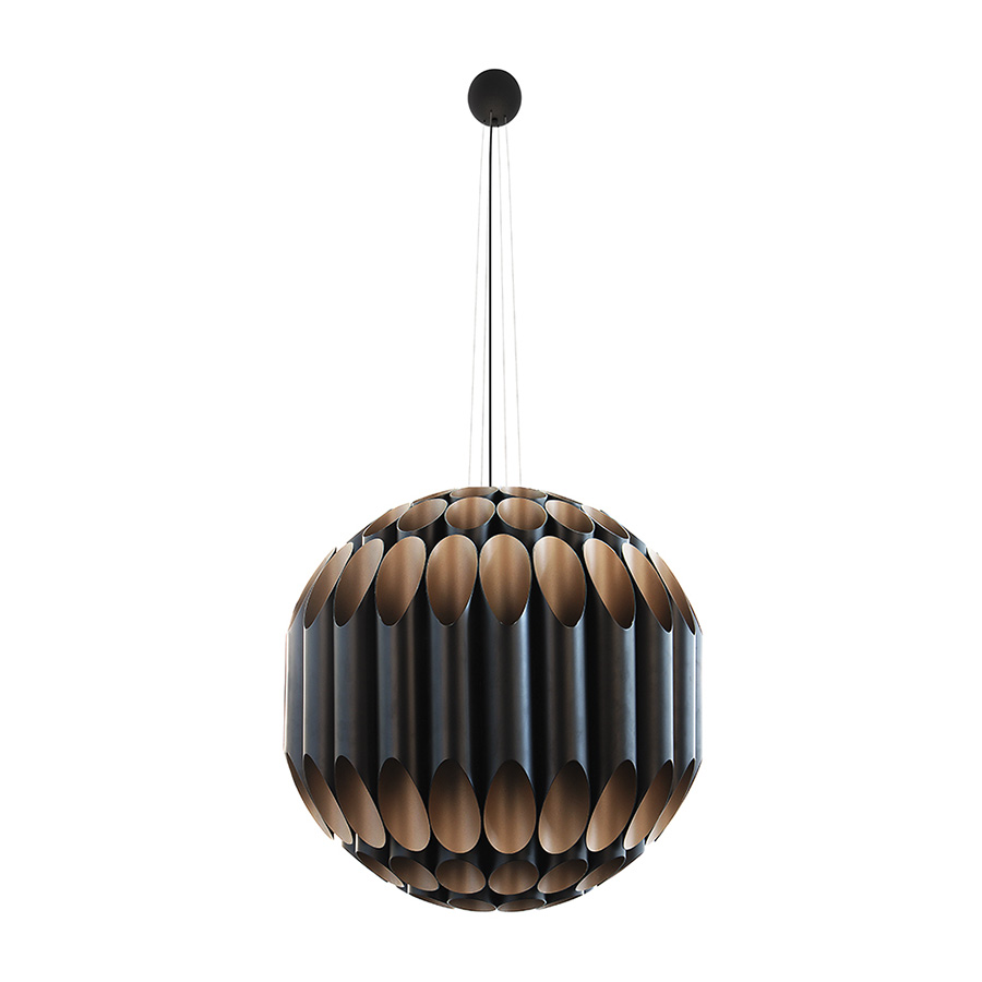Inspired by the big afro hairstyles that popularized the 60s, Kravitz modern chandelier is also a tribute to the bold, multiple award-winning rock star, Lenny Kravitz. This unique chandelier has a series of tubes in a circular pattern trimmed to be shaped similar to a ball. With a structured handmade of Aluminium, Kravitz features a matte black exterior and a gold powder paint interior finishing.