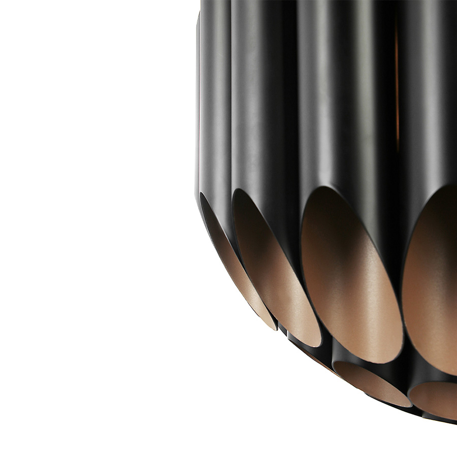 Inspired by the big afro hairstyles that popularized the 60s, Kravitz modern chandelier is also a tribute to the bold, multiple award-winning rock star, Lenny Kravitz. This unique chandelier has a series of tubes in a circular pattern trimmed to be shaped similar to a ball. With a structured handmade of Aluminium, Kravitz features a matte black exterior and a gold powder paint interior finishing.