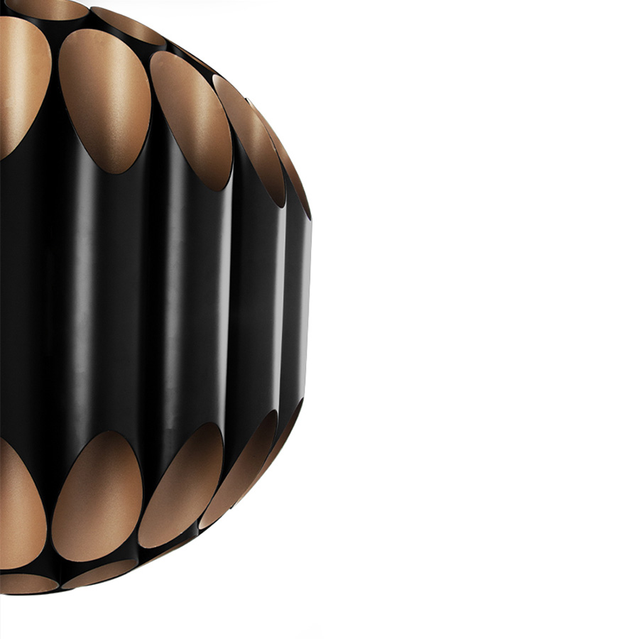 Inspired by the big afro hairstyles that popularized the 60s, Kravitz modern chandelier is also a tribute to the bold, multiple award-winning rock star, Lenny Kravitz. This unique chandelier has a series of tubes in a circular pattern trimmed to be shaped similar to a ball. With a structured handmade of Aluminium, Kravitz features a matte black exterior and a gold powder paint interior finishing.