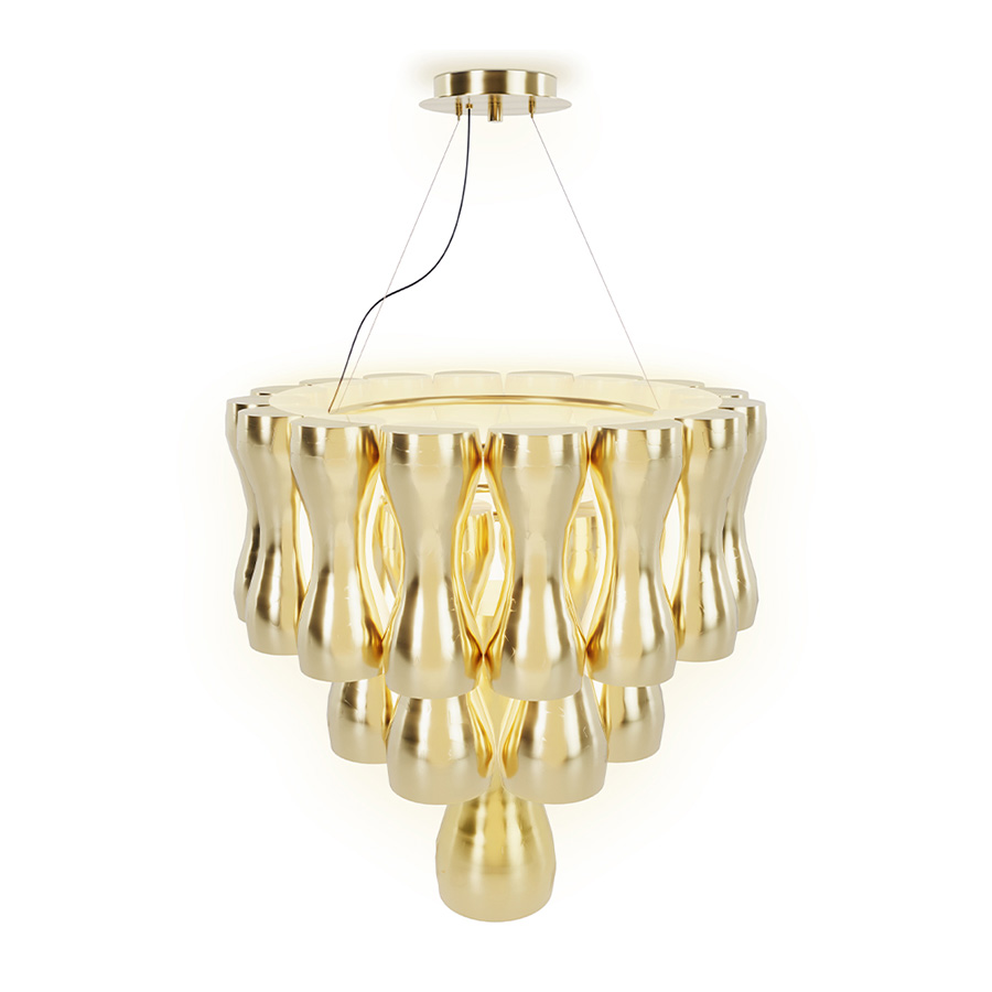The Krown light is a unique chandelier. It is about sensualizing the glass-removing, the antiquated facets and stereotypes from the history of lighting, while still retaining its beauty. It has a geometric design of combined sculptural shades and its structure is handmade in brass. This chandelier shines even when it is switched off, but it gets even more beautiful when you see the light being cast through the shades.