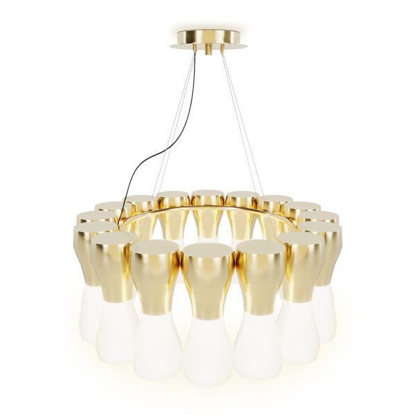 With sculptural shapes and an extremely balanced design, this modern round suspension lamp gets even more beautiful when you see the light being cast through its shades. These handmade brass elements have a unique curved shape, creating a unique lighting effect. The round suspension lamp has a unique appeal that won’t go unnoticed.