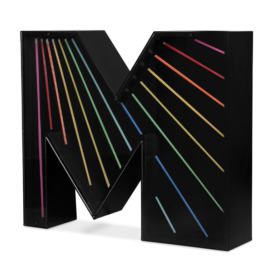 An eye-catching touch to a big, bold and bright marquee letter design. A unique way of bringing a unique, colourful and cheerful touch to any exterior or interior design project. With its stunning rainbow neon effect, this versatile lighting design can be placed in the wall or on the floor. Coming with a large anti-reflective acrylic panel to protect the neons this marquee letter design has 1 meter and its handmade in acrylic and Aluminium. Customizable on demand it's also available in a mini version, this marquee letter is perfect for a fun lobby.