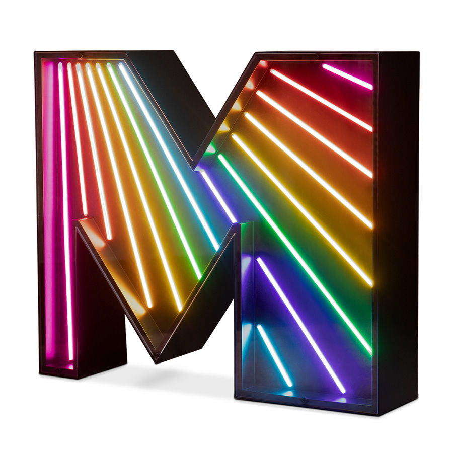An eye-catching touch to a big, bold and bright marquee letter design. A unique way of bringing a unique, colourful and cheerful touch to any exterior or interior design project. With its stunning rainbow neon effect, this versatile lighting design can be placed in the wall or on the floor. Coming with a large anti-reflective acrylic panel to protect the neons this marquee letter design has 1 meter and its handmade in acrylic and Aluminium. Customizable on demand it's also available in a mini version, this marquee letter is perfect for a fun lobby.