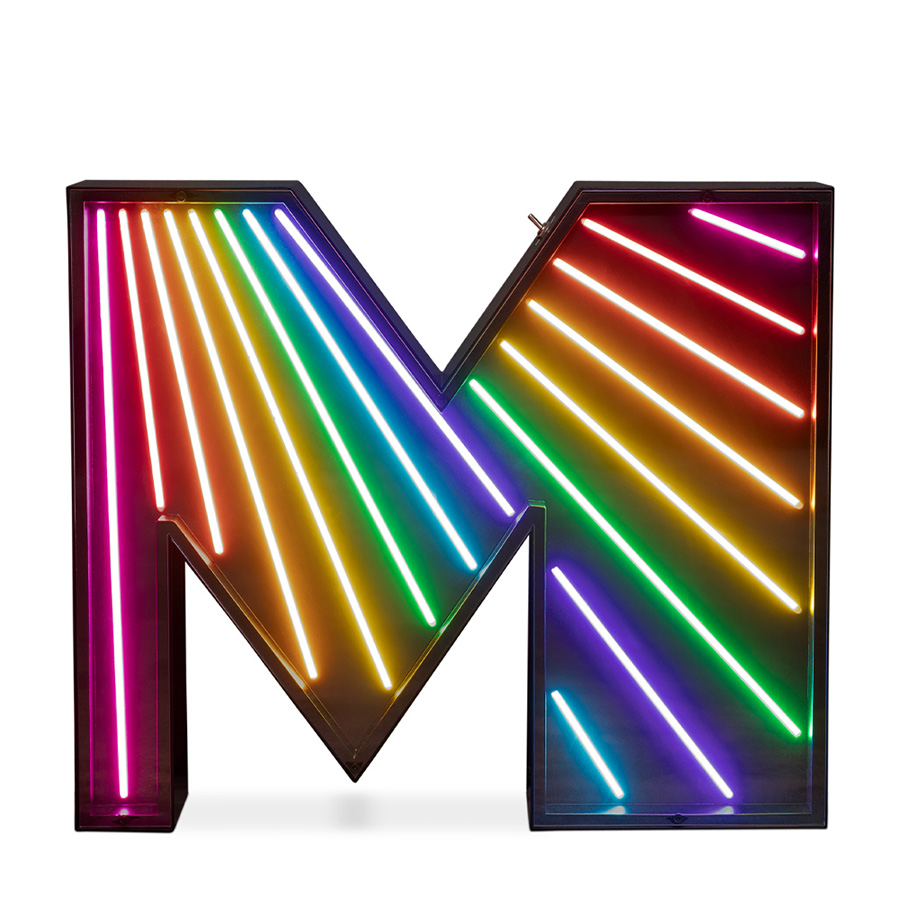 An eye-catching touch to a big, bold and bright marquee letter design. A unique way of bringing a unique, colourful and cheerful touch to any exterior or interior design project. With its stunning rainbow neon effect, this versatile lighting design can be placed in the wall or on the floor. Coming with a large anti-reflective acrylic panel to protect the neons this marquee letter design has 1 meter and its handmade in acrylic and Aluminium. Customizable on demand it's also available in a mini version, this marquee letter is perfect for a fun lobby.