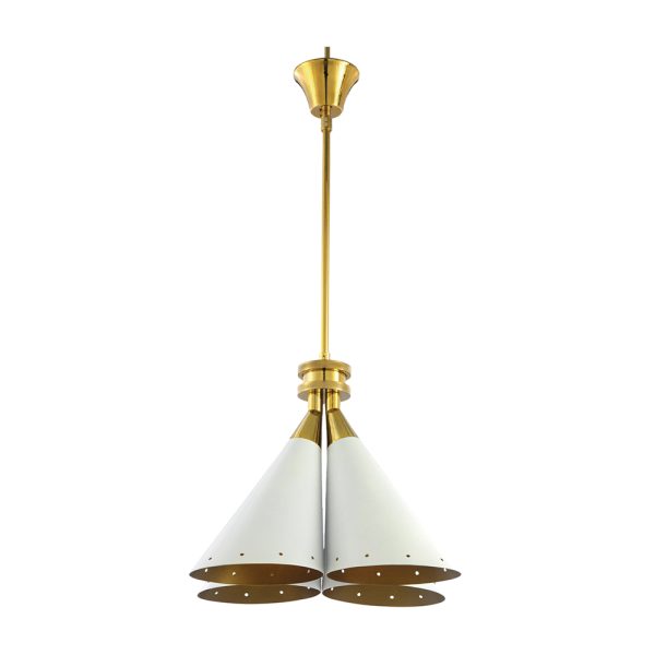 Inspired by a flower bouquet, DelightFULL’s designers designed Madeleine, an industrial pendant lighting. With four cone swiveling pinhole lights, this brass pendant lamp features a matte white interior and a gold powder paint inside finishing. This white pendant light is also possible to have with a flexible drawbar so that you can move it anytime, iit can be customizable on purchase, going up to 39,4 inches.