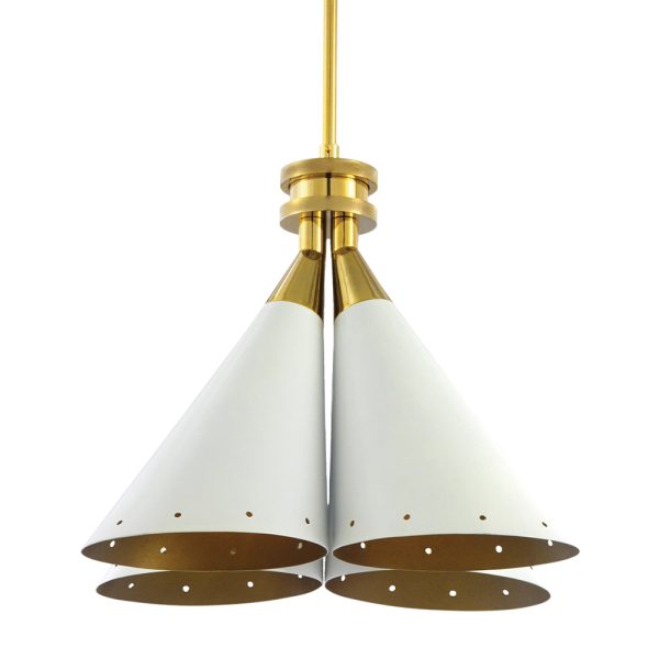 Inspired by a flower bouquet, DelightFULL’s designers designed Madeleine, an industrial pendant lighting. With four cone swiveling pinhole lights, this brass pendant lamp features a matte white interior and a gold powder paint inside finishing. This white pendant light is also possible to have with a flexible drawbar so that you can move it anytime, iit can be customizable on purchase, going up to 39,4 inches.
