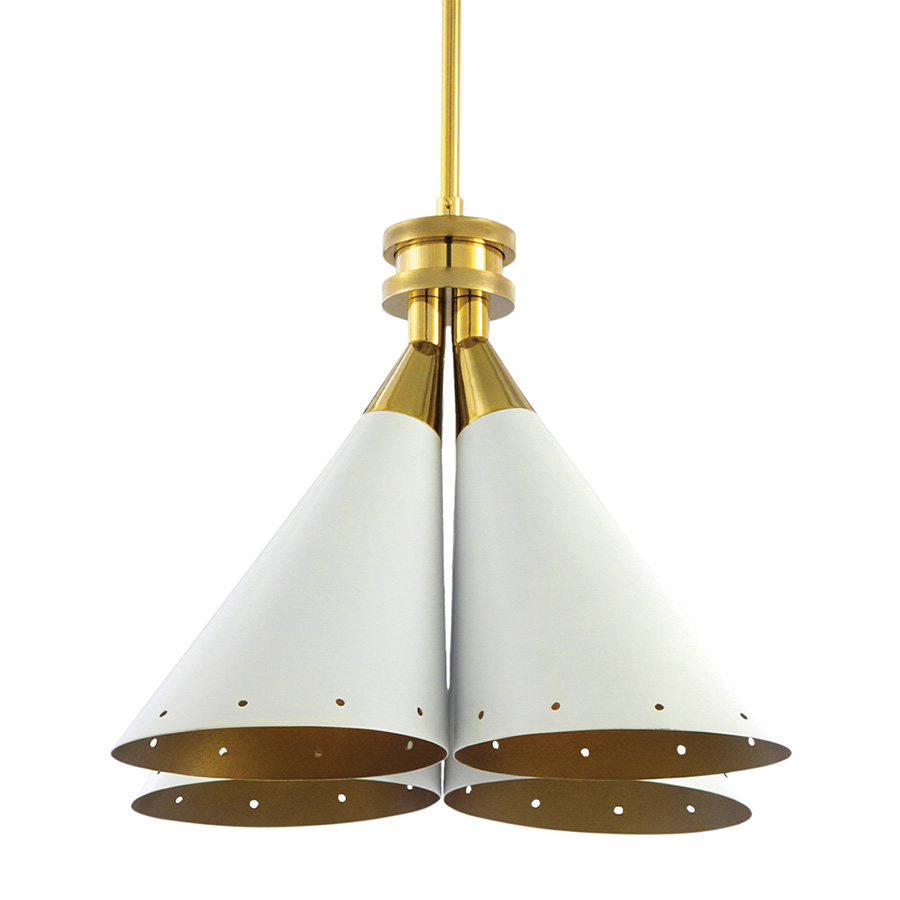 Inspired by a flower bouquet, DelightFULL’s designers designed Madeleine, an industrial pendant lighting. With four cone swiveling pinhole lights, this brass pendant lamp features a matte white interior and a gold powder paint inside finishing. This white pendant light is also possible to have with a flexible drawbar so that you can move it anytime, iit can be customizable on purchase, going up to 39,4 inches.