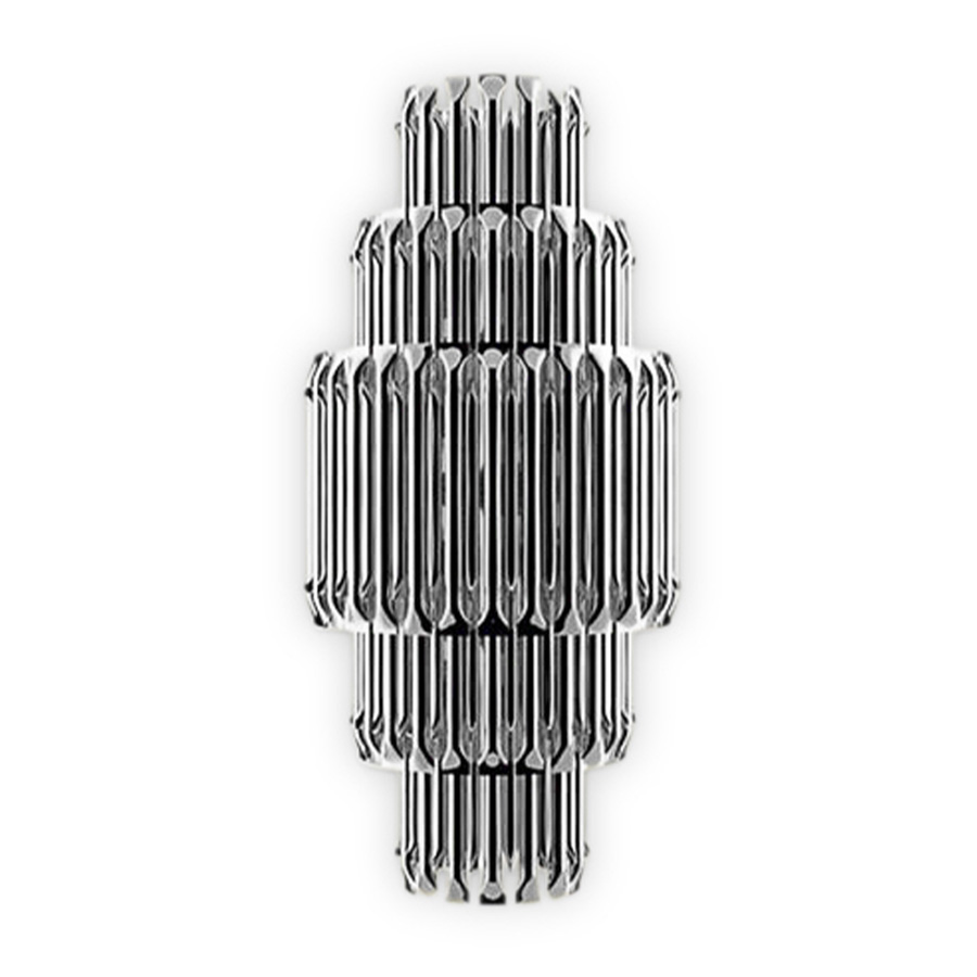 Matheny wall has a complex and attractive geometry design of combined tubes. In this variation, five of the original designs are combined on top of each other in a cascade of metal pipes to create a new impressive piece.This unique lamp combines a mid-century modern design with a classic style to make a statement. A modern wall light 100% handmade in brass with a brushed nickel finish. With 4 lamps, we recommend you to use G9 bulbs.