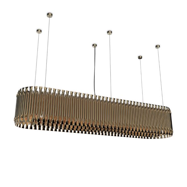 Feel the true statement of luxury with this modern suspension lamp. Matheny is a unique chandelier, a new take on the mid-century classics. It has a geometric design of combined tubes and its structure is handmade in brass. Its shape is round and is composed by golden tubes, which reflect the sophistication of a timeless iconic lamp. This luxurious chandelier light can be used in a modern living room or as a modern dining room lighting.