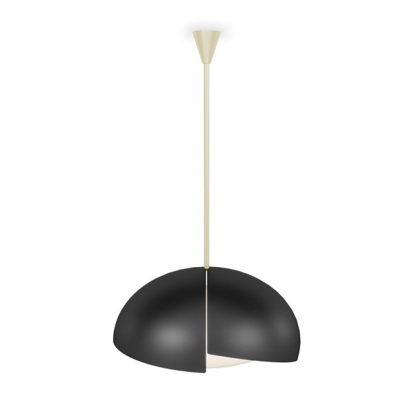 The Mirage suspension lamp's majestic industrial look and minimalist design make it timeless and suitable for any space. Entirely made out of brass with an opaque black lacquered cover, the inside of the Mirage suspension lamp was covered with gold paint to provide a sense of warm light. Draga & Aurel have always been fascinated by the retro-futuristic experimentation of Space Age design.