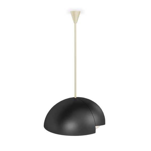 The Mirage suspension lamp's majestic industrial look and minimalist design make it timeless and suitable for any space. Entirely made out of brass with an opaque black lacquered cover, the inside of the Mirage suspension lamp was covered with gold paint to provide a sense of warm light. Draga & Aurel have always been fascinated by the retro-futuristic experimentation of Space Age design.