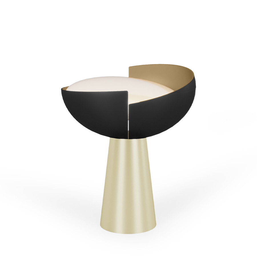 The mid-century Mirage table lamp is a modern lighting fixture that embodies the glamorous modern principles of minimalism. Handmade in brass with an opaque black lacquer, this luxurious lighting design captures the retro-futuristic vision of Space Age design that Draga & Aurel wanted to transmit with the lighting family. It can easily serve as a statement piece for your living room, office bedroom, and even entryway.