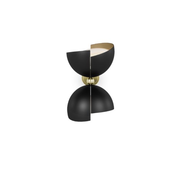 Draga & Aurel have always been fascinated by the retro-futuristic experimentation of Space Age design and fashion and wanted to transmit that idea through the bespoke Mirage Wall lamp. Its silhouette and the composition of the material, with the contrast of black lacquered metals and shining brass, remind us of the extravagant outfits of the club revelers of that incredible time.