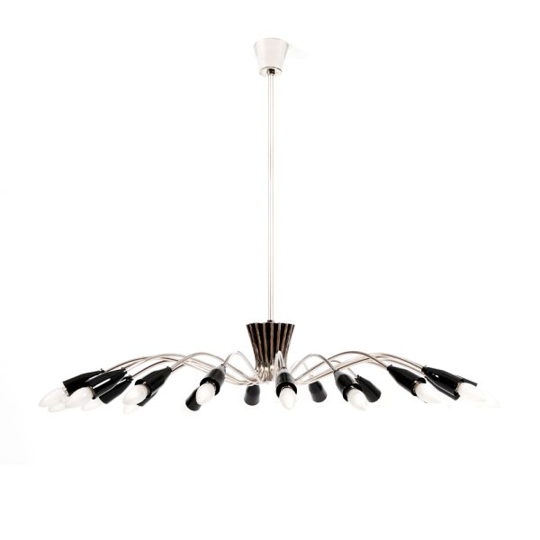 Norah is a mid-century modern lighting design that was inspired by the 50s decor. This modern sputnik chandelier light is the perfect combination of a mid-century modern design and a minimalist design. The standout feature on this 17-light brass chandelier finished in nickel plated is the delicate form of Norah’s arms. A glossy black finish blends well with naked light bulbs for a refined and more personalized look.
