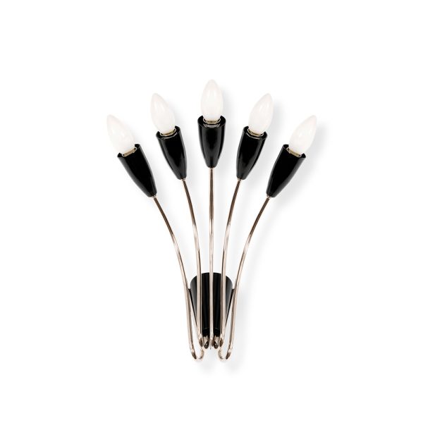 Due to its delicate and curved forms, Norah wall lamp has a vintage style that will transmit a sense of elegance and sophistication in every single space. This decorative wall light consists of five fixed arms made of brass with nickel plated and glossy black finishes. The wall lamp bulb holders are made in Aluminium with a matte black finish. With five bulbs, this interior wall sconce includes E14 Bulbs.