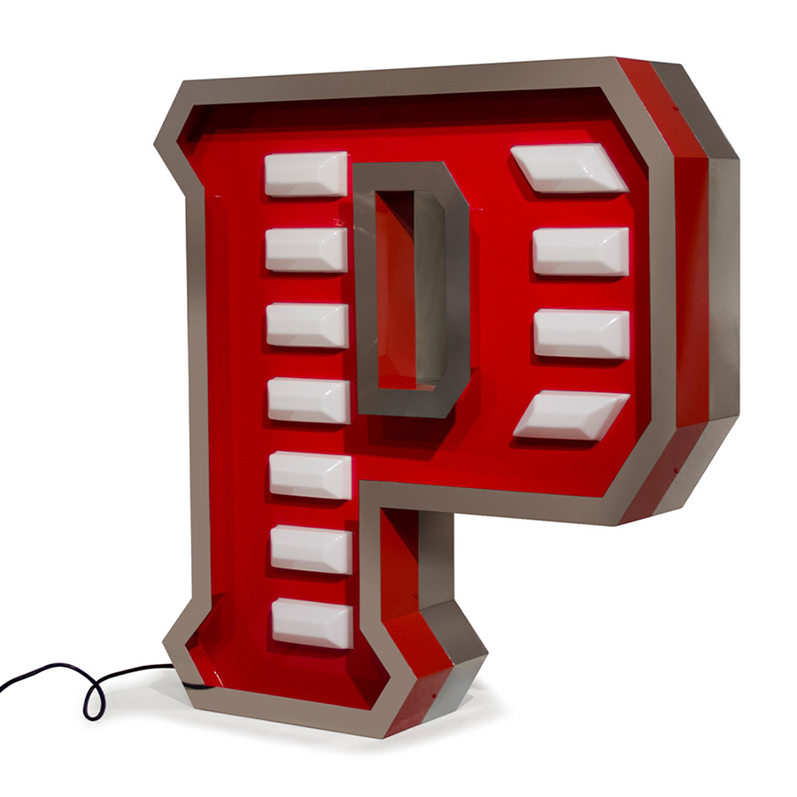 Handmade in Aluminium, stainless steel and acrylic, the letter P stands for priceless. By adding the white LED lights with the red colours in the body of the marquee letter design will make your interior or exterior design project a one of a kind, either if you place it on a wall or on the floor. With a height of 1 meter, this lamp can be customizable on demand and its available on a mini version.