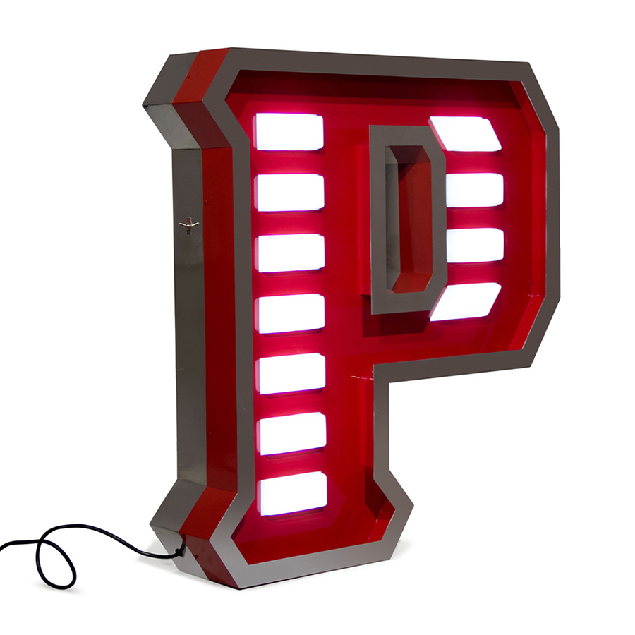 Handmade in Aluminium, stainless steel and acrylic, the letter P stands for priceless. By adding the white LED lights with the red colours in the body of the marquee letter design will make your interior or exterior design project a one of a kind, either if you place it on a wall or on the floor. With a height of 1 meter, this lamp can be customizable on demand and its available on a mini version.