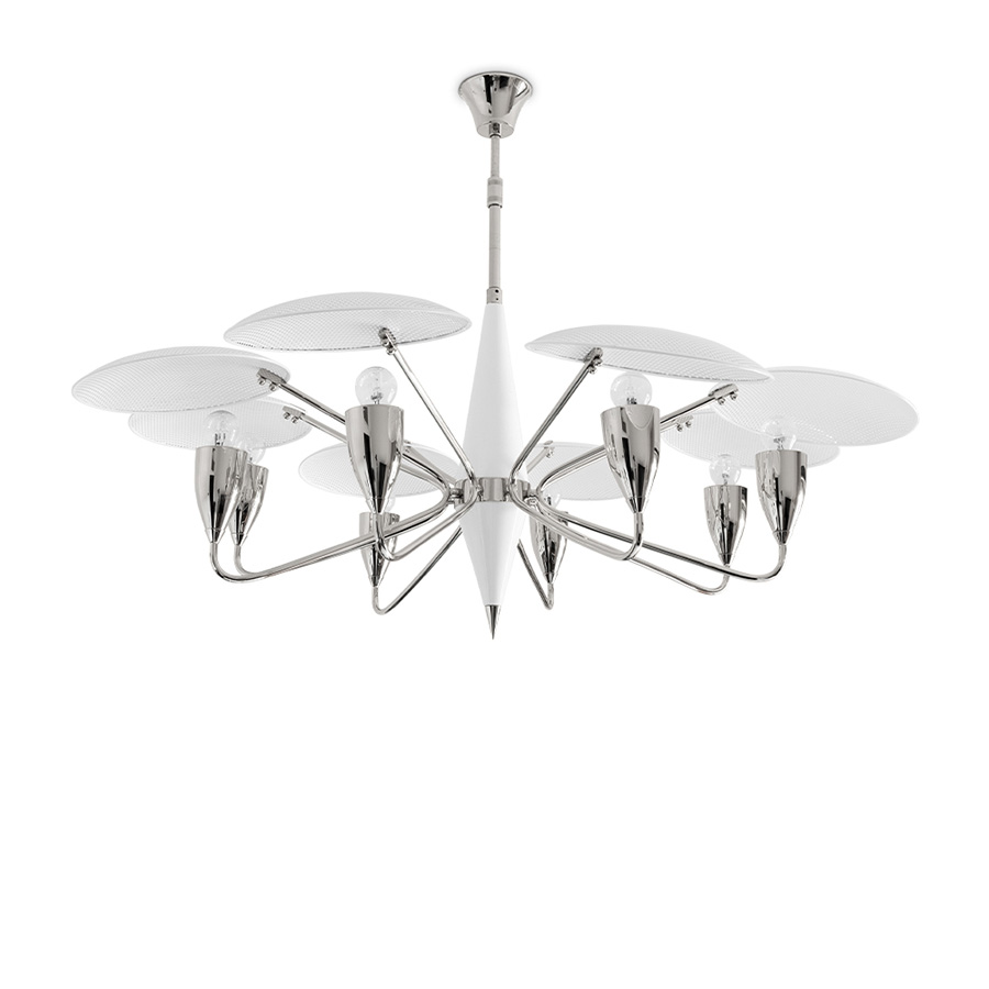 Peggy modern chandelier has a 60’s feel that won’t go unnoticed. With a structure handmade in brass and with a top cover in perforated steel, this unique lamp has a nickel plated and matte white finish. The dazzling lighting design lamp shades are in matte black, making an incredible contrast with the matte white top cover, that characterizes this contemporary chandelier. With almost 18 pounds.