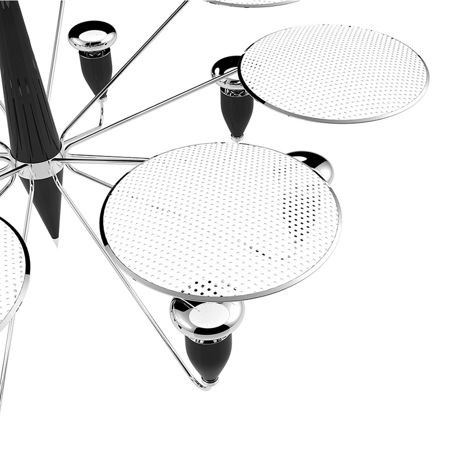 Peggy modern chandelier has a 60’s feel that won’t go unnoticed. With a structure handmade in brass and with a top cover in perforated steel, this unique lamp has a nickel plated and matte white finish. The dazzling lighting design lamp shades are in matte black, making an incredible contrast with the matte white top cover, that characterizes this contemporary chandelier. With almost 18 pounds.