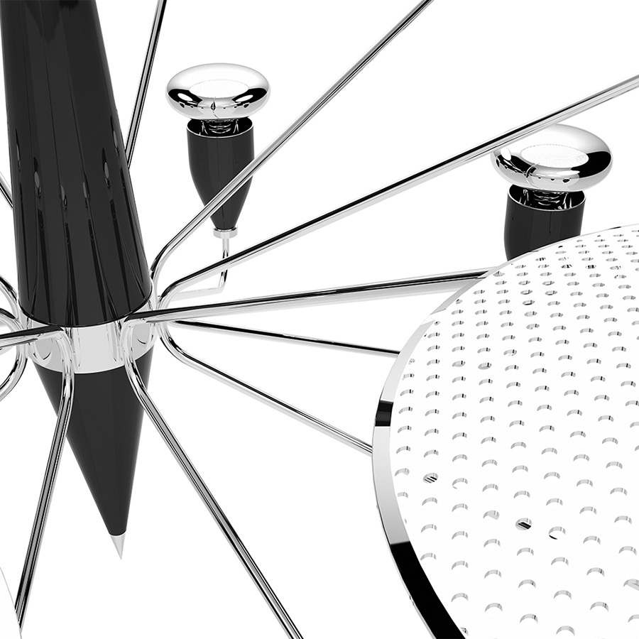 Peggy modern chandelier has a 60’s feel that won’t go unnoticed. With a structure handmade in brass and with a top cover in perforated steel, this unique lamp has a nickel plated and matte white finish. The dazzling lighting design lamp shades are in matte black, making an incredible contrast with the matte white top cover, that characterizes this contemporary chandelier. With almost 18 pounds.