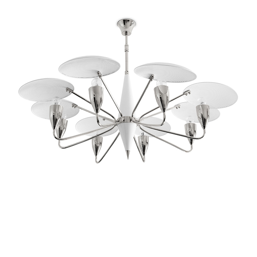 Peggy modern chandelier has a 60’s feel that won’t go unnoticed. With a structure handmade in brass and with a top cover in perforated steel, this unique lamp has a nickel plated and matte white finish. The dazzling lighting design lamp shades are in matte black, making an incredible contrast with the matte white top cover, that characterizes this contemporary chandelier. With almost 18 pounds.