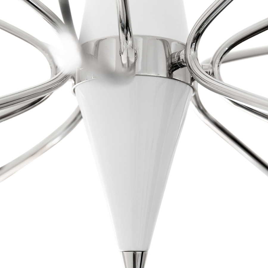 Peggy modern chandelier has a 60’s feel that won’t go unnoticed. With a structure handmade in brass and with a top cover in perforated steel, this unique lamp has a nickel plated and matte white finish. The dazzling lighting design lamp shades are in matte black, making an incredible contrast with the matte white top cover, that characterizes this contemporary chandelier. With almost 18 pounds.