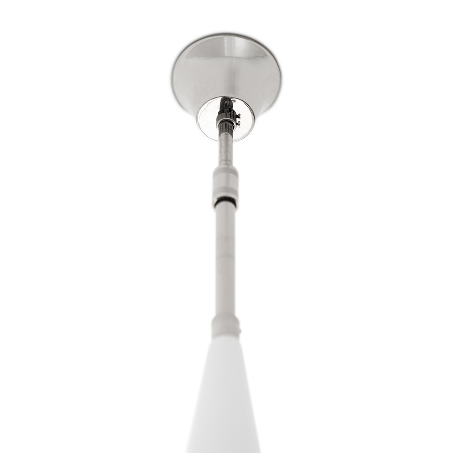 Peggy modern chandelier has a 60’s feel that won’t go unnoticed. With a structure handmade in brass and with a top cover in perforated steel, this unique lamp has a nickel plated and matte white finish. The dazzling lighting design lamp shades are in matte black, making an incredible contrast with the matte white top cover, that characterizes this contemporary chandelier. With almost 18 pounds.