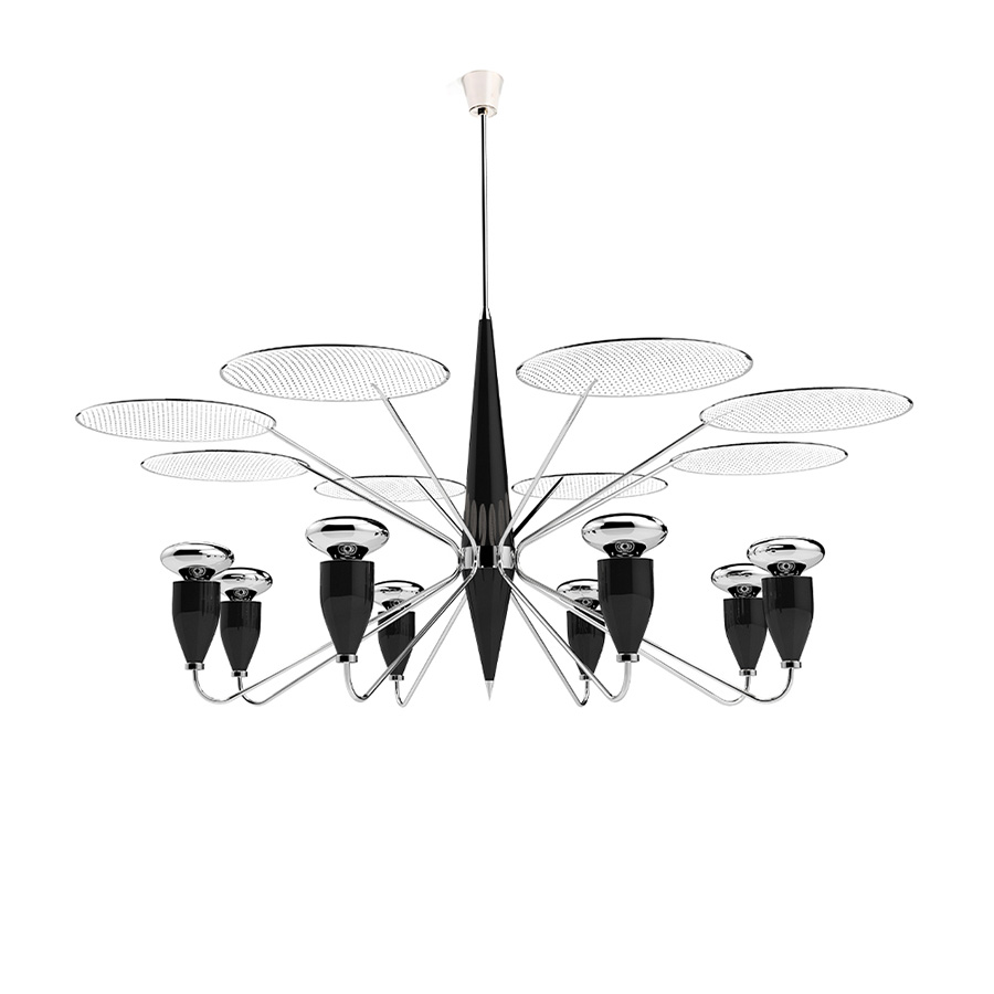 Peggy modern chandelier has a 60’s feel that won’t go unnoticed. With a structure handmade in brass and with a top cover in perforated steel, this unique lamp has a nickel plated and matte white finish. The dazzling lighting design lamp shades are in matte black, making an incredible contrast with the matte white top cover, that characterizes this contemporary chandelier. With almost 18 pounds.