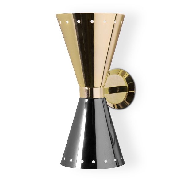 Piazzolla wall fixture is a pure 60’s stilnovo style that brings a retro touch to contemporary spaces. Featuring two Aluminium cones, this wall light fixture offers light both from top and bottom lamp shades to provide a subtle glow. With a dynamic and versatile look that can be applied to any setting, Piazzolla wall lamp can be mounted horizontally or vertically.